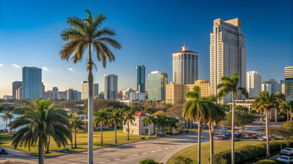Broward County Florida skyline and palm trees at sunset, professional and local feel