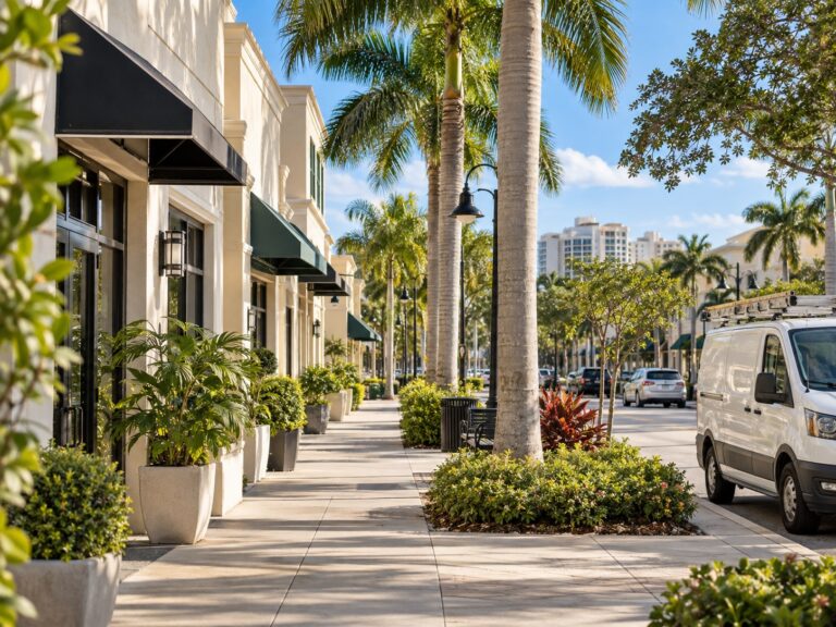 Illustration of a Broward-inspired business district with palm-lined storefronts and a work van