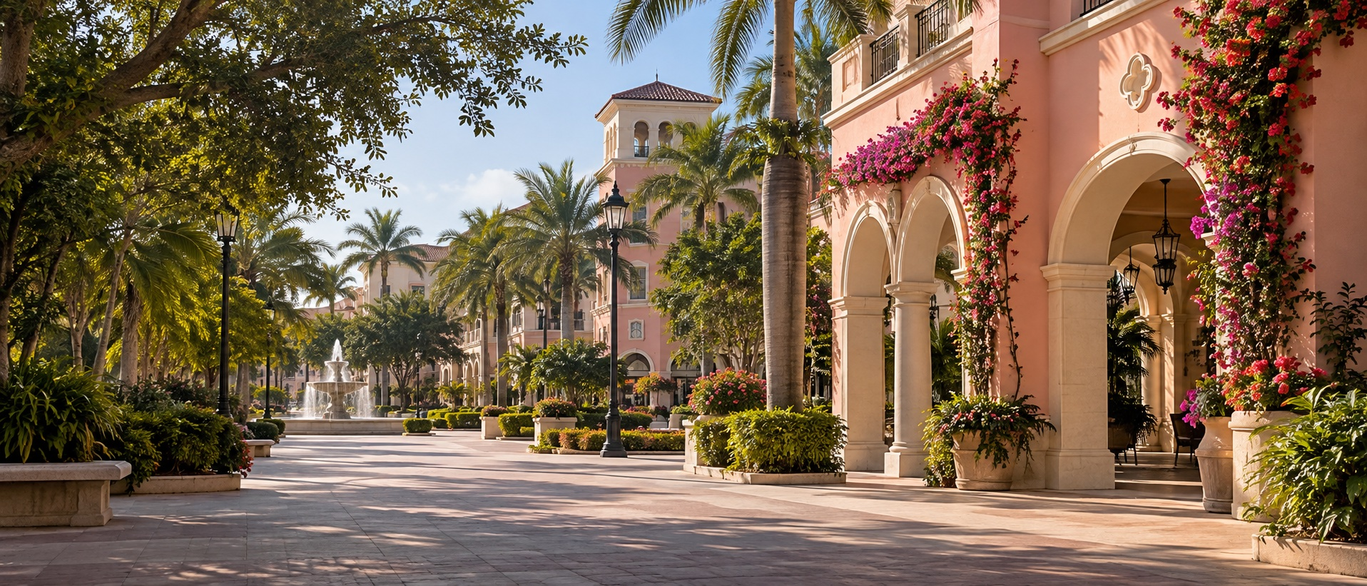 Boca Raton-inspired palm-lined Mediterranean-style promenade