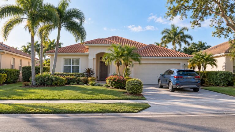 Illustrated Florida home with palm trees and a family car