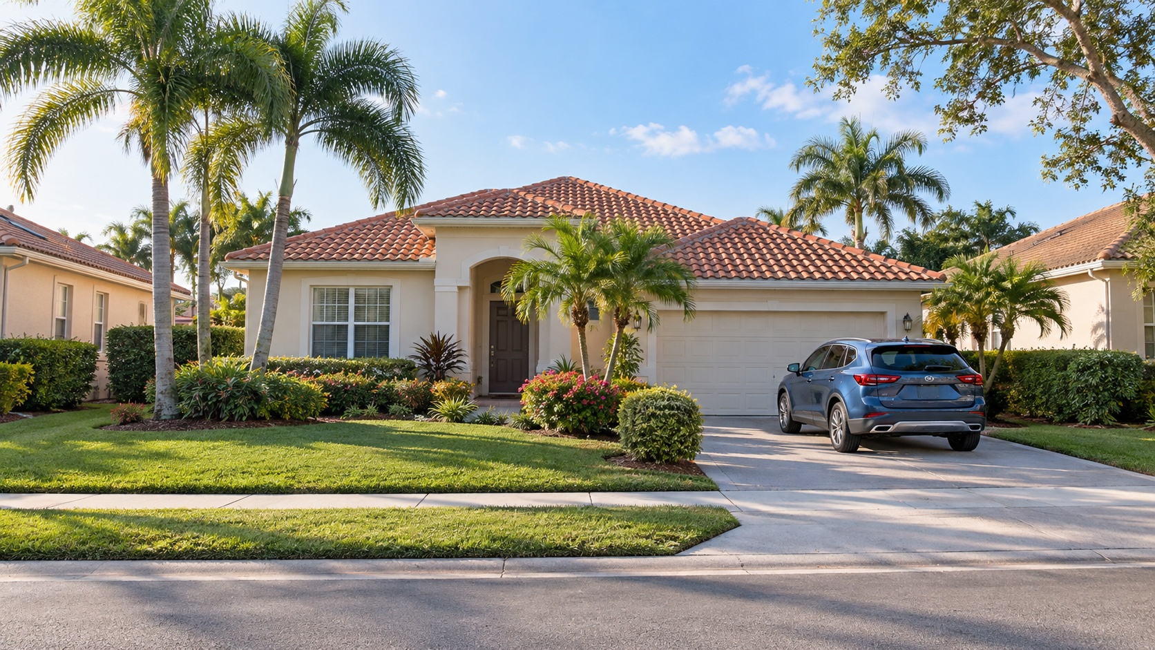 AI illustration of a welcoming South Florida home with palms and an everyday family vehicle